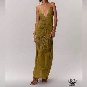 Sleek Olive Green Ruched V-Neck Maxi Dress